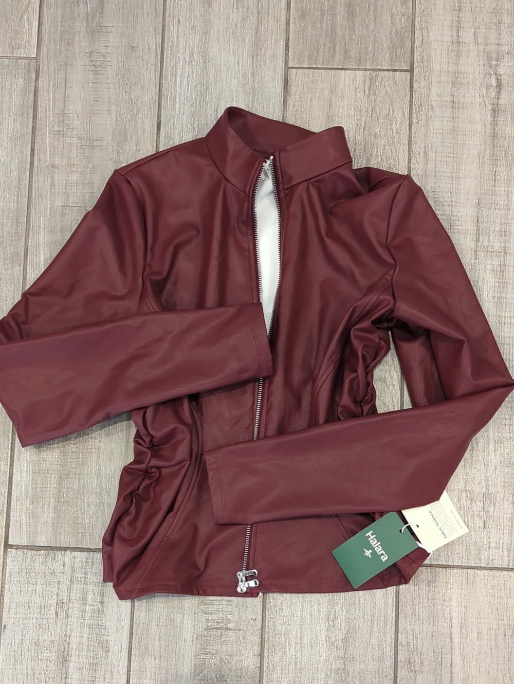 HALARA Burgundy Faux Leather Zip-Front Jacket
